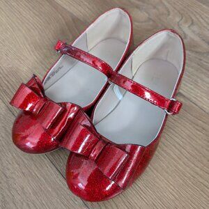 Red Glitter Bow Ballet Flat Toddler Girl Size 10 Mary Jane Velcro strap